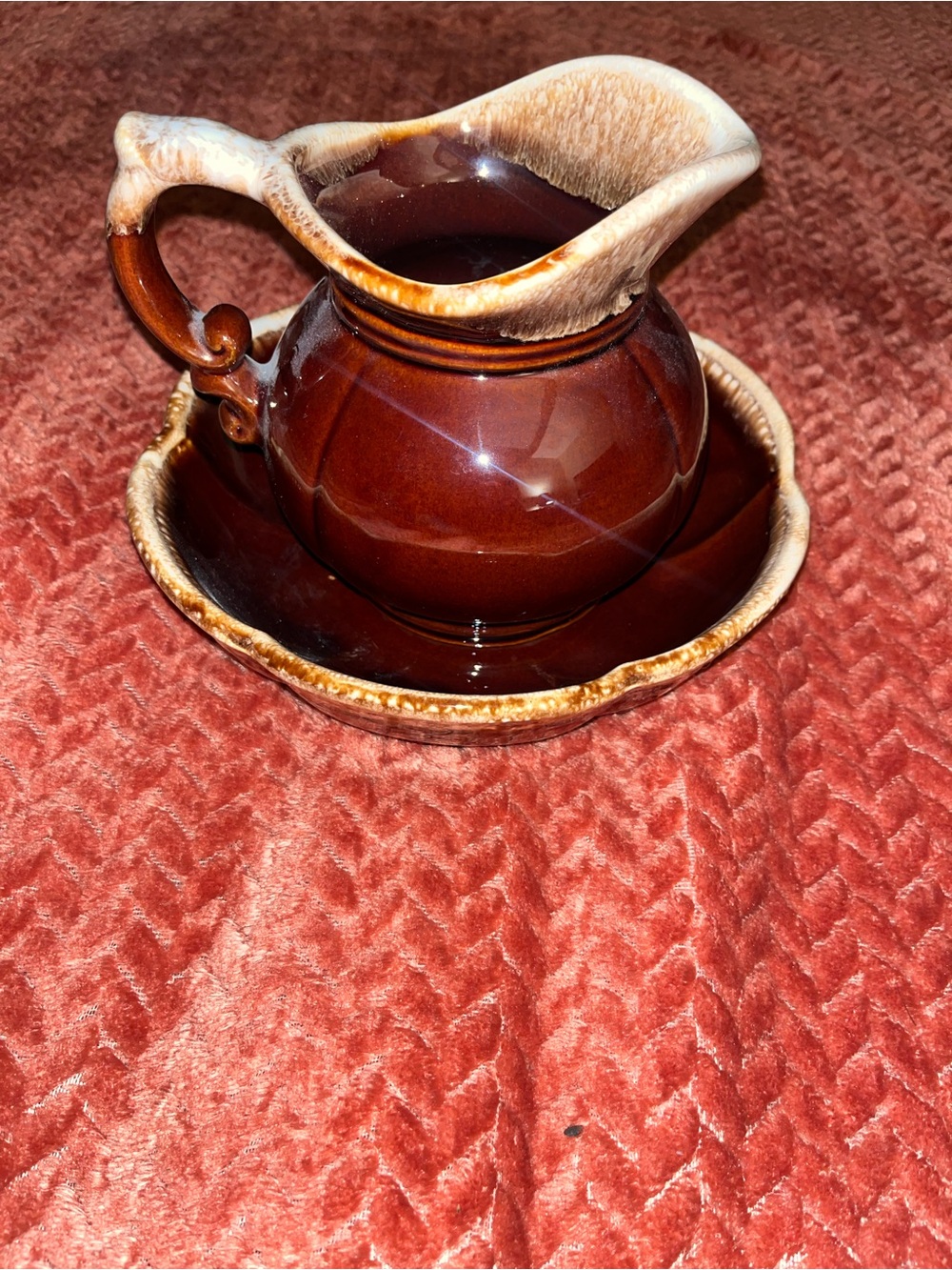 Mccoy Vintage Brown and Cream Drip Glaze Creamer with Saucer